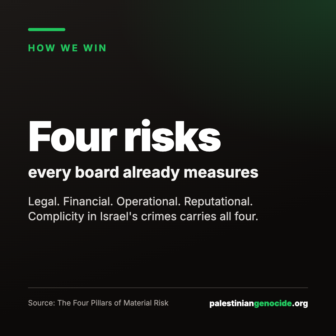 Four risks every board already measures. Legal. Financial. Operational. Reputational. Complicity in Israel's crimes carries all four. Source: The Four Pillars of Material Risk.