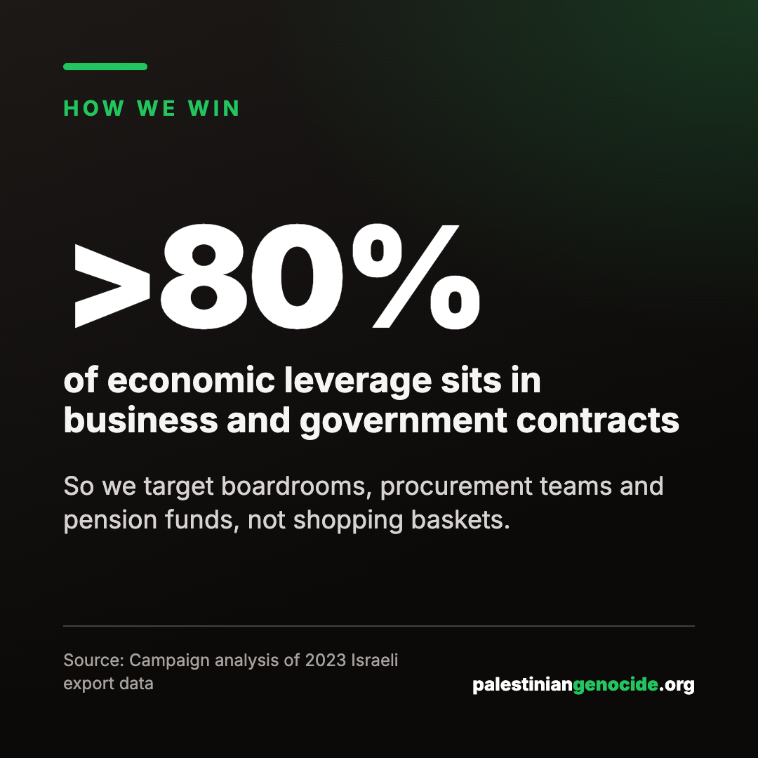 >80% of economic leverage sits in business and government contracts. So we target boardrooms, procurement teams and pension funds, not shopping baskets. Source: Campaign analysis of 2023 Israeli export data.