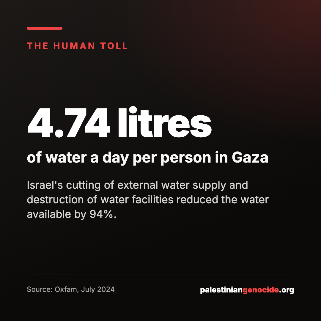 4.74 litres of water a day per person in Gaza. Israel's cutting of external water supply and destruction of water facilities reduced the water available by 94%. Source: Oxfam, July 2024.